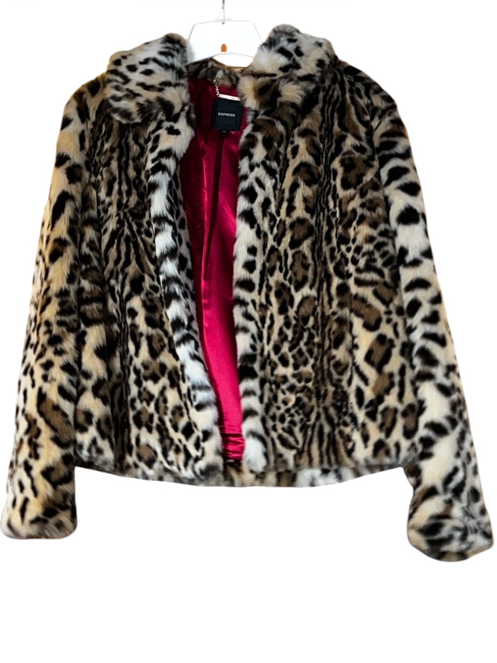 Leopard Faux Fur Jacket with Red Satin Lining size M